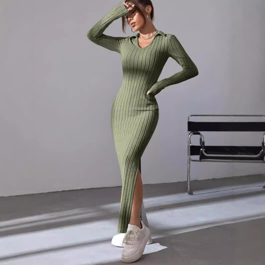 Knit dress for women with deep V-neck and side slit Lune London