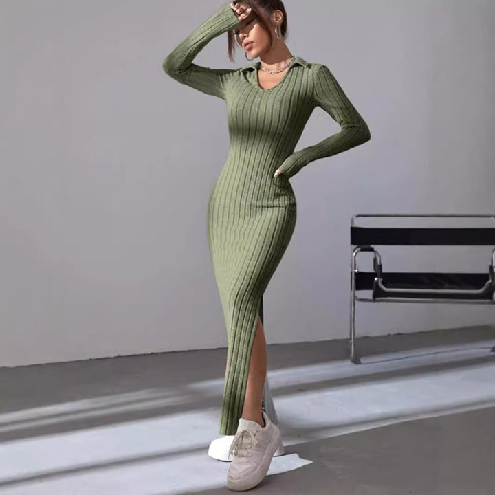 Knit dress for women with deep V-neck and side slit Lune London