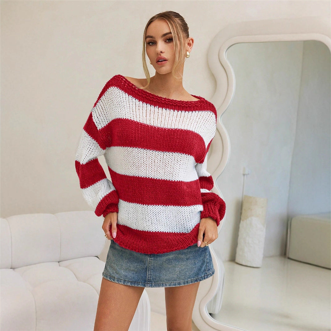 Ladies Oversized Knitted Sweater with Chic Maritime Stripes and Style