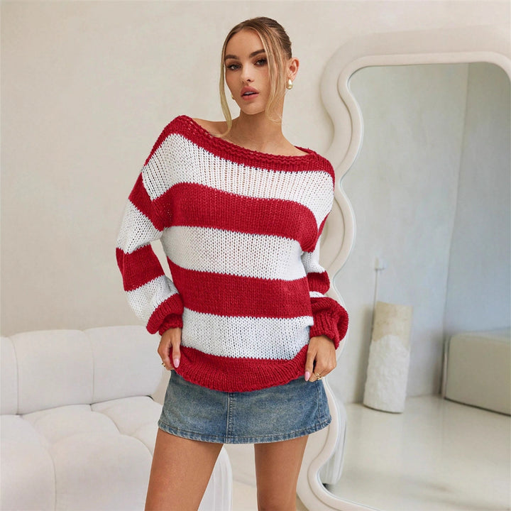 Ladies Oversized Knitted Sweater with Chic Maritime Stripes and Style