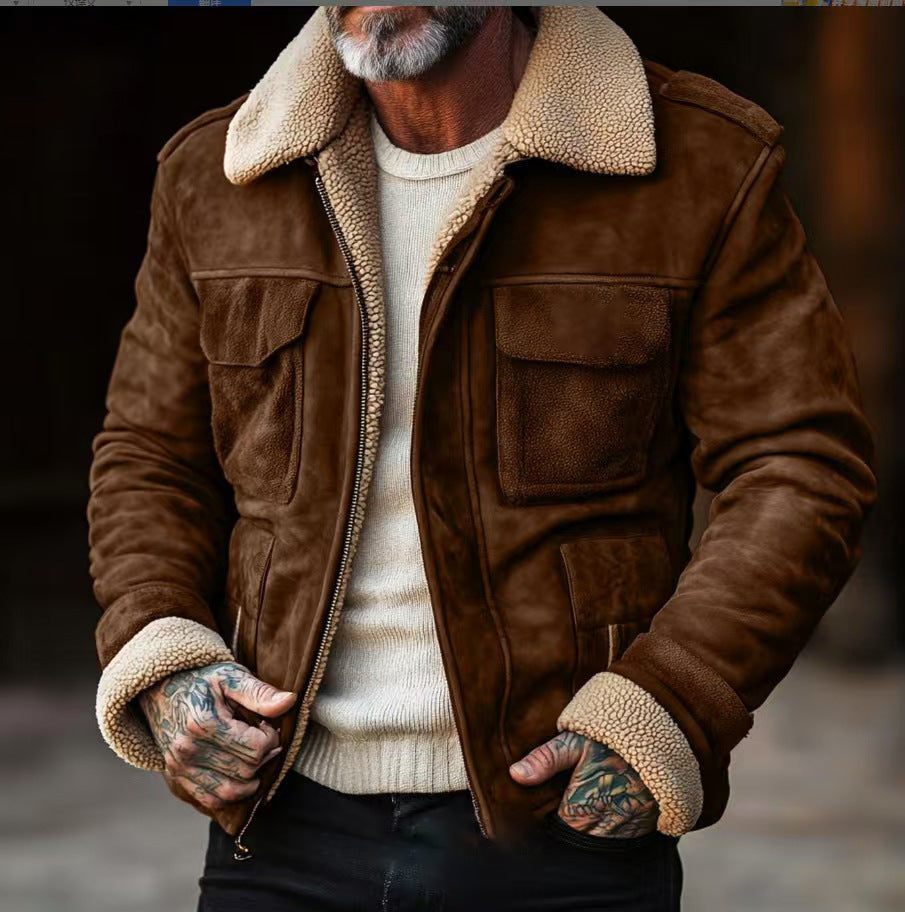 Vintage style leather jacket for men with faux fur collar and multiple pockets Lune London