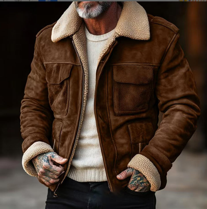Vintage style leather jacket for men with faux fur collar and multiple pockets Lune London