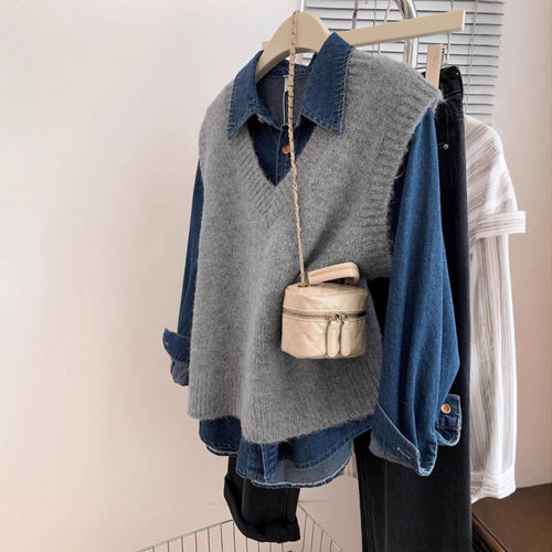 Pull en tricot à col en V stylé pour femmes avec superposition en denim décontractée