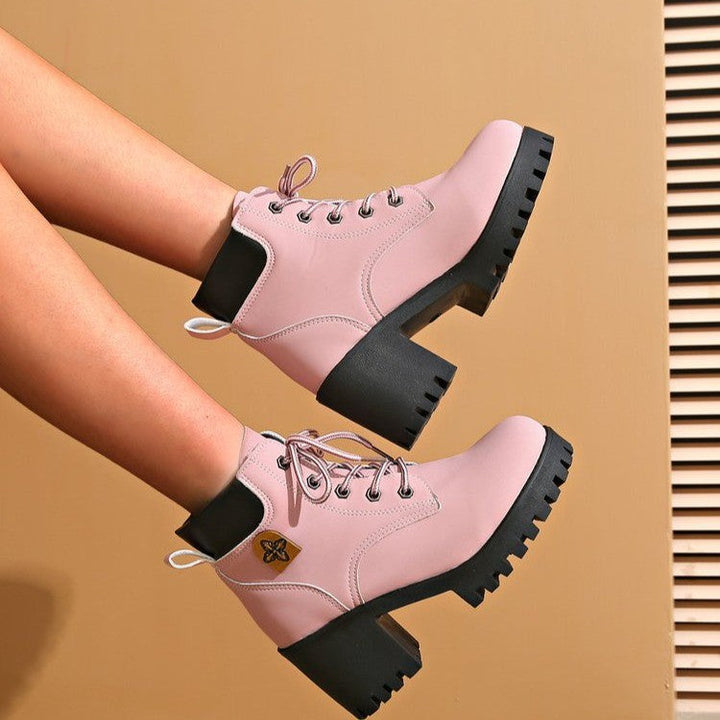 Women Chunky Heel Combat Boots with Sturdy Sole and Stylish Lacing Lune London