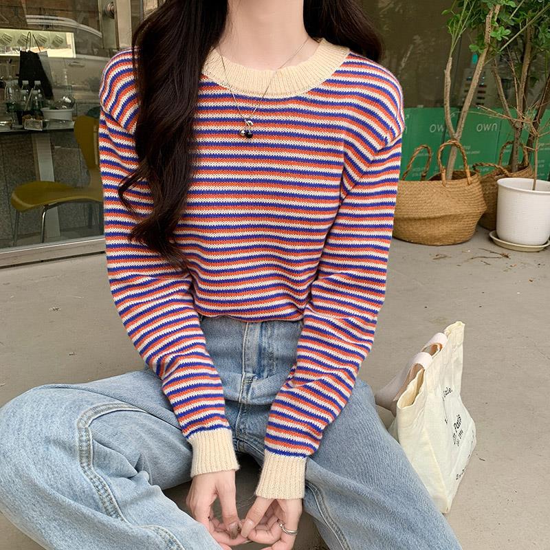 Ladies casual striped sweater with stylish ruffle trim Chic & Stil