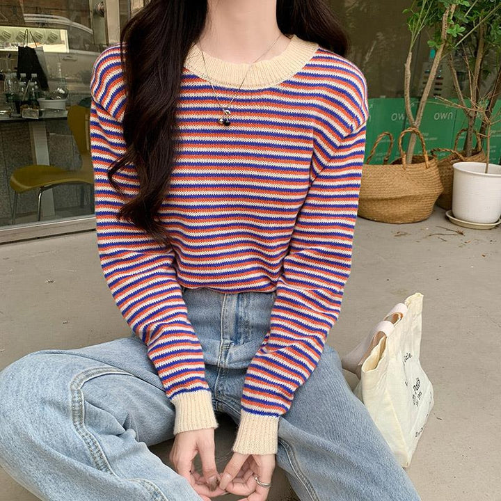 Ladies casual striped sweater with stylish ruffle trim Chic & Stil