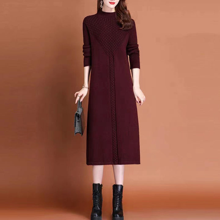 Maxi knit dress for women with high collar and elegant braided details Lune London