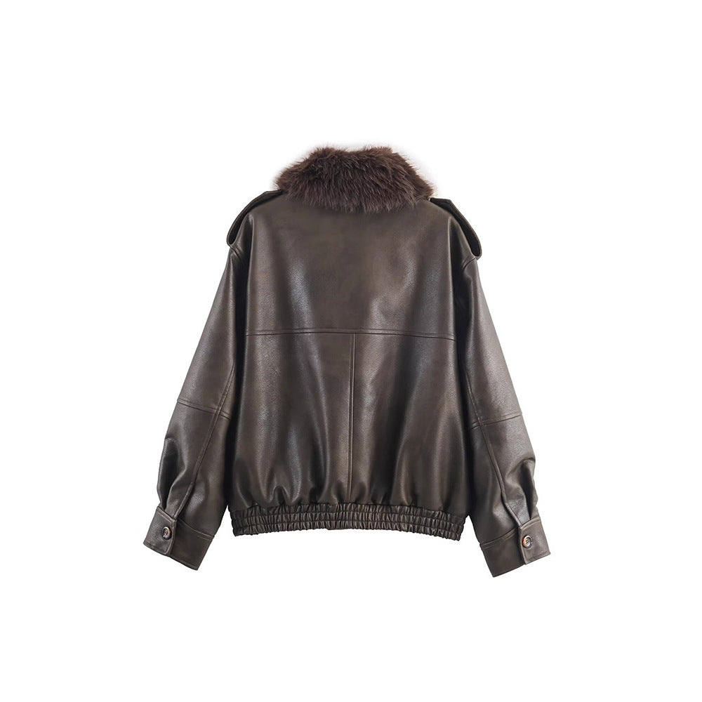 Women's faux leather jacket with removable faux fur collar and practical pockets Lune London