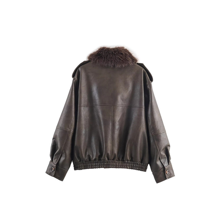 Women's faux leather jacket with removable faux fur collar and practical pockets Lune London
