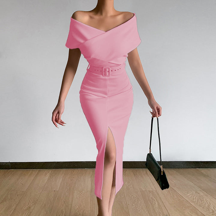 Midi dress for women fitted with bardot neckline and side slit Lune London