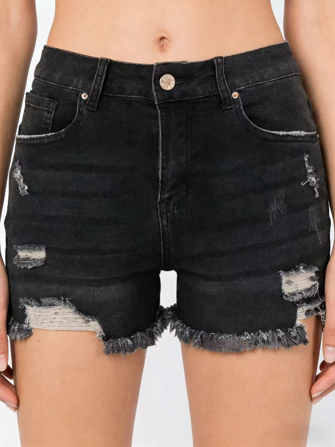 Women's Destroyed Denim Shorts with Frayed Hem and Stylish Ripped Details Lune London