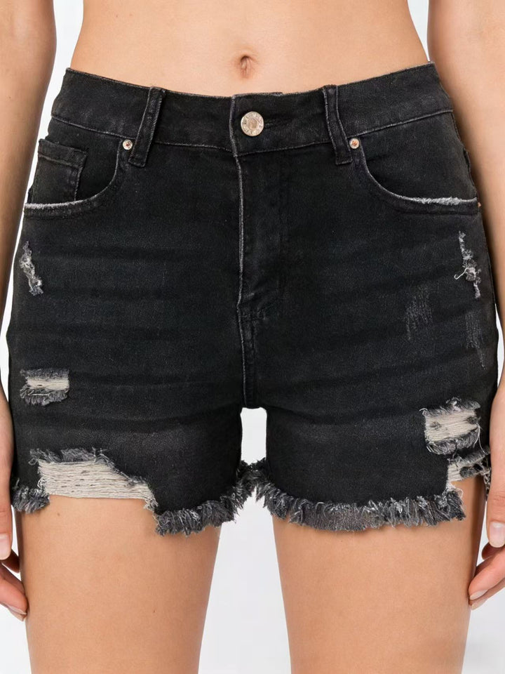 Women's Destroyed Denim Shorts with Frayed Hem and Stylish Ripped Details Lune London