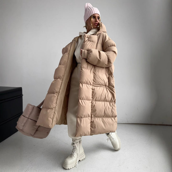 Ladies Long Down Jacket with Hood and Practical Zipper Lune London