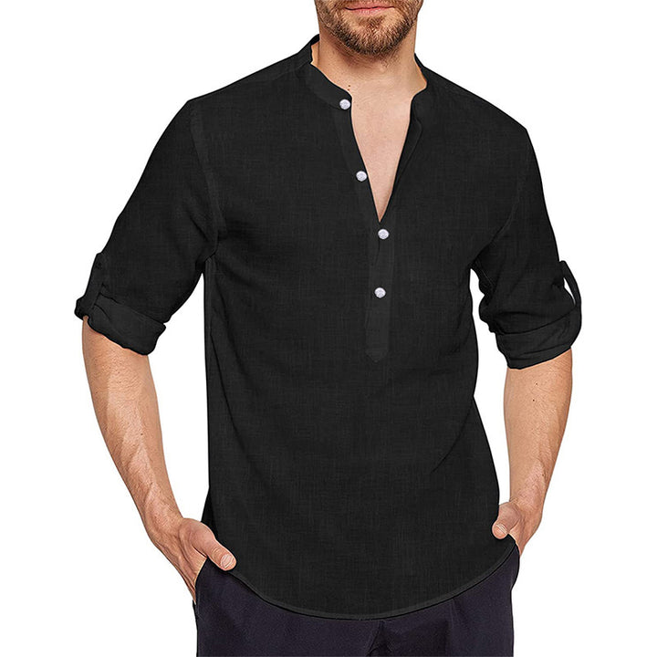 Men's linen shirt with modern high collar and classic button placket Lune London