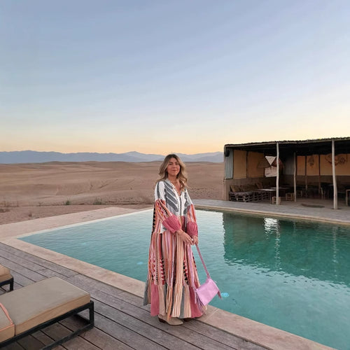 Maxi dress for women with colorful graphic pattern and voluminous sleeves Lune London