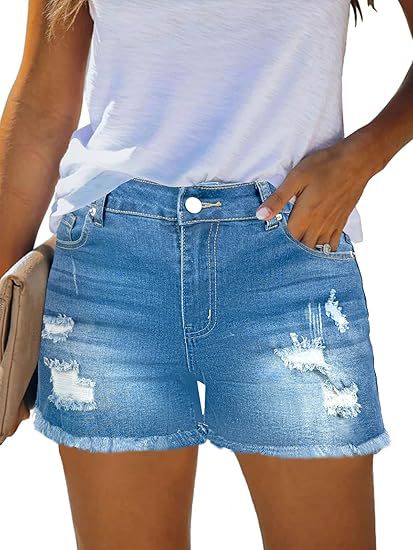 Women Destroyed Denim Shorts with Frayed Hems and Casual Fit Lune London