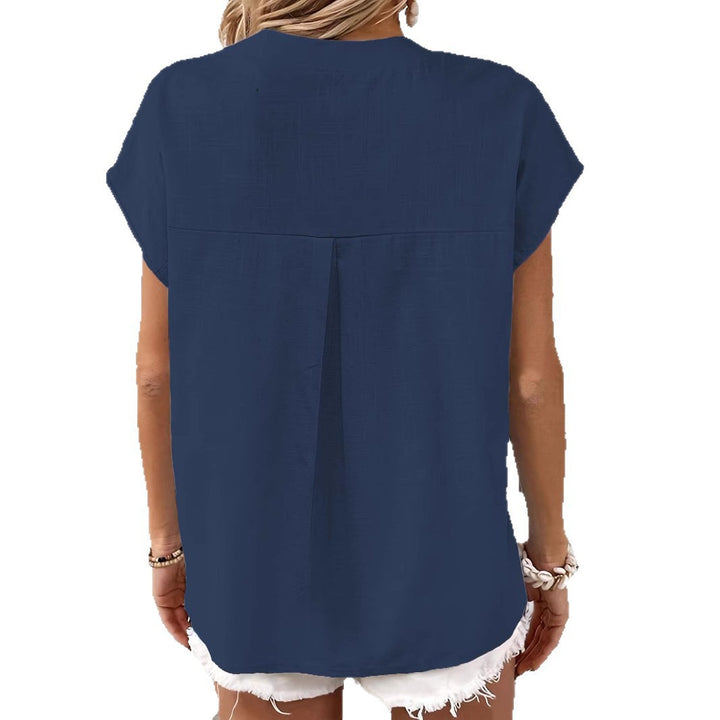 Women highly stylish short sleeve t-shirt with button details and trendy high collar Lune London