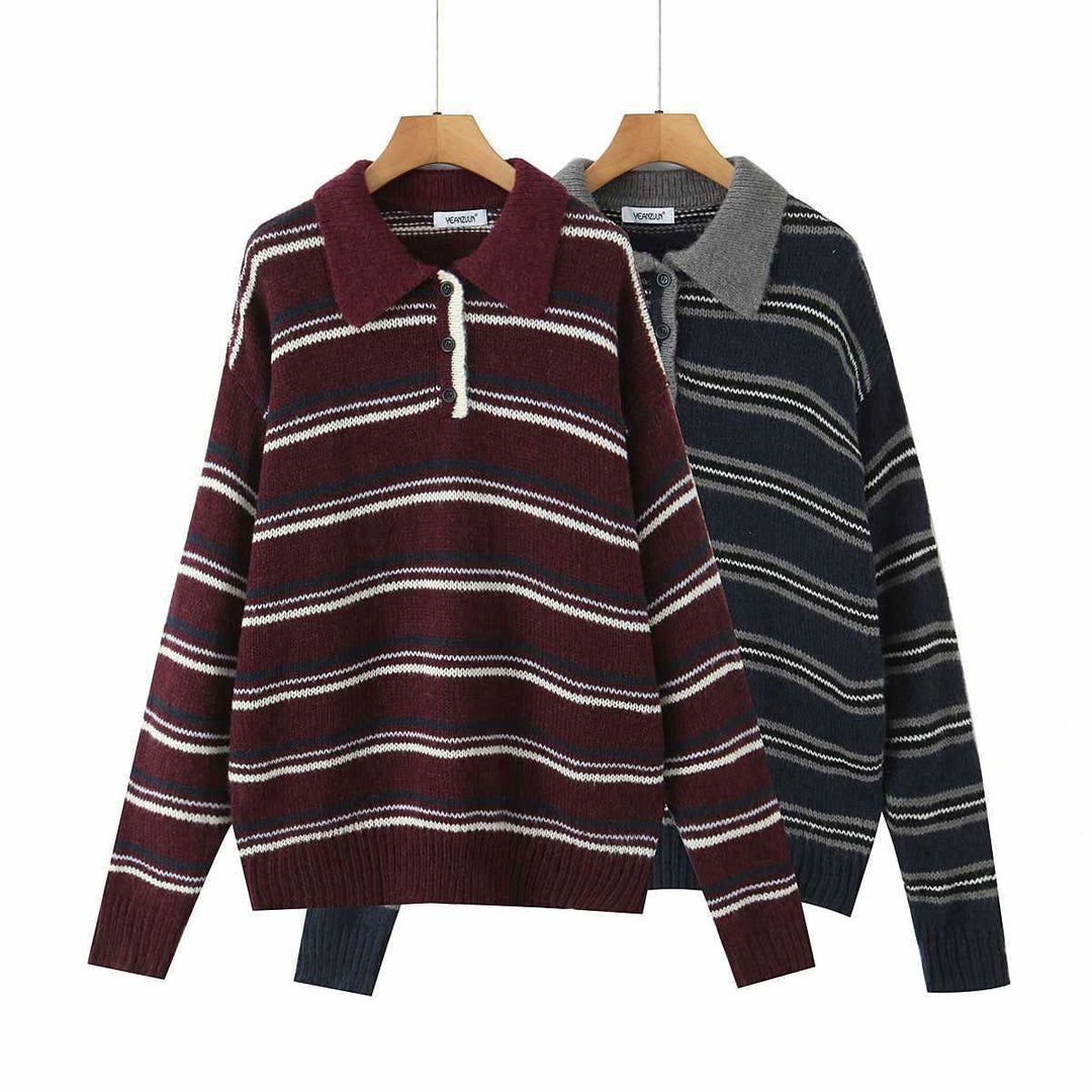 Women casual knitted sweater with polo collar and striped design Lune London