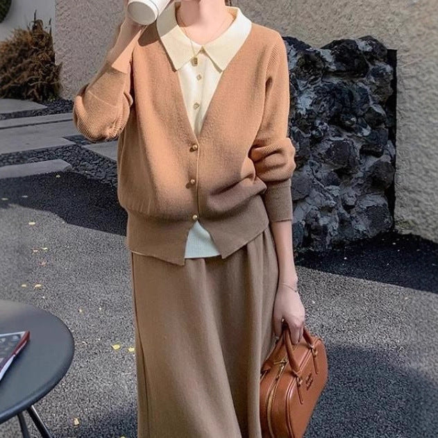 Women’s knit set with an elegant blouse look and a flowy skirt Lune London