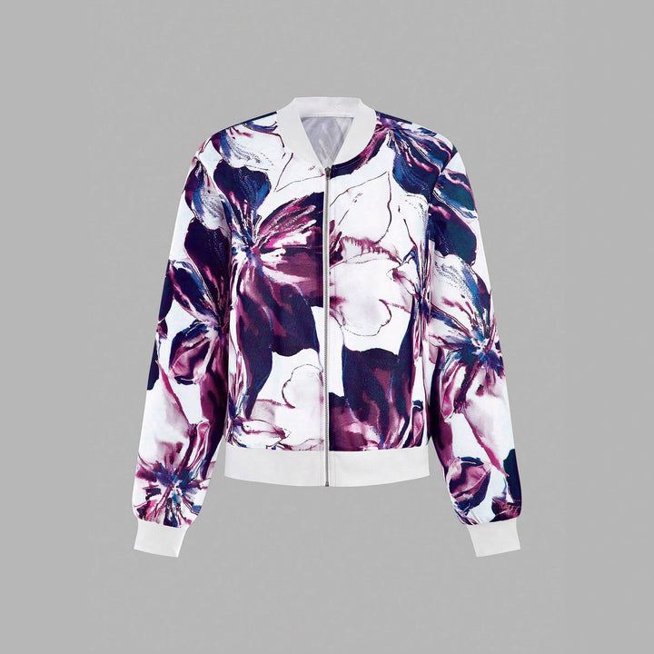 Floral patterned bomber jacket for women with elastic waist Lune London