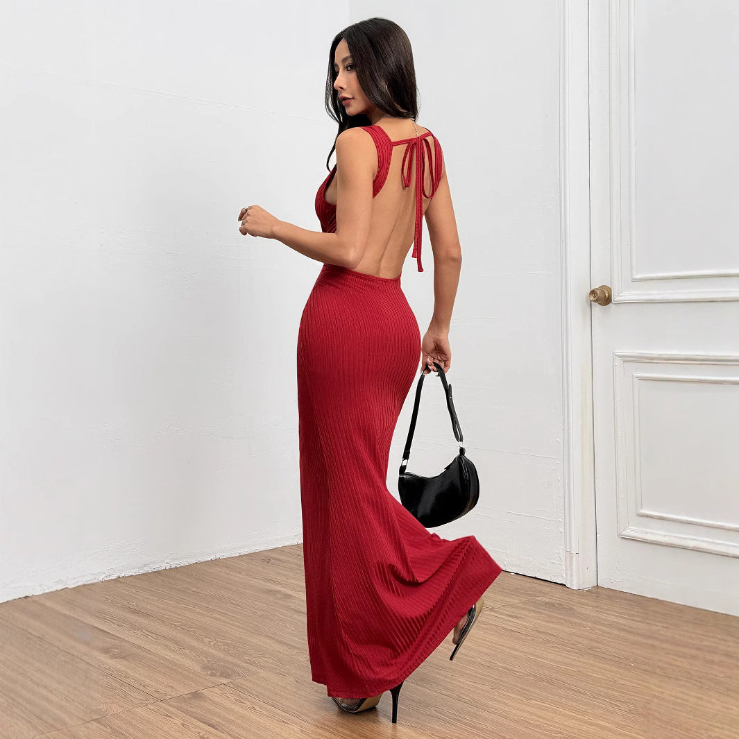 Robe maxi côtelée ajustée pour femmes avec élégante encolure ronde Chic & Stil