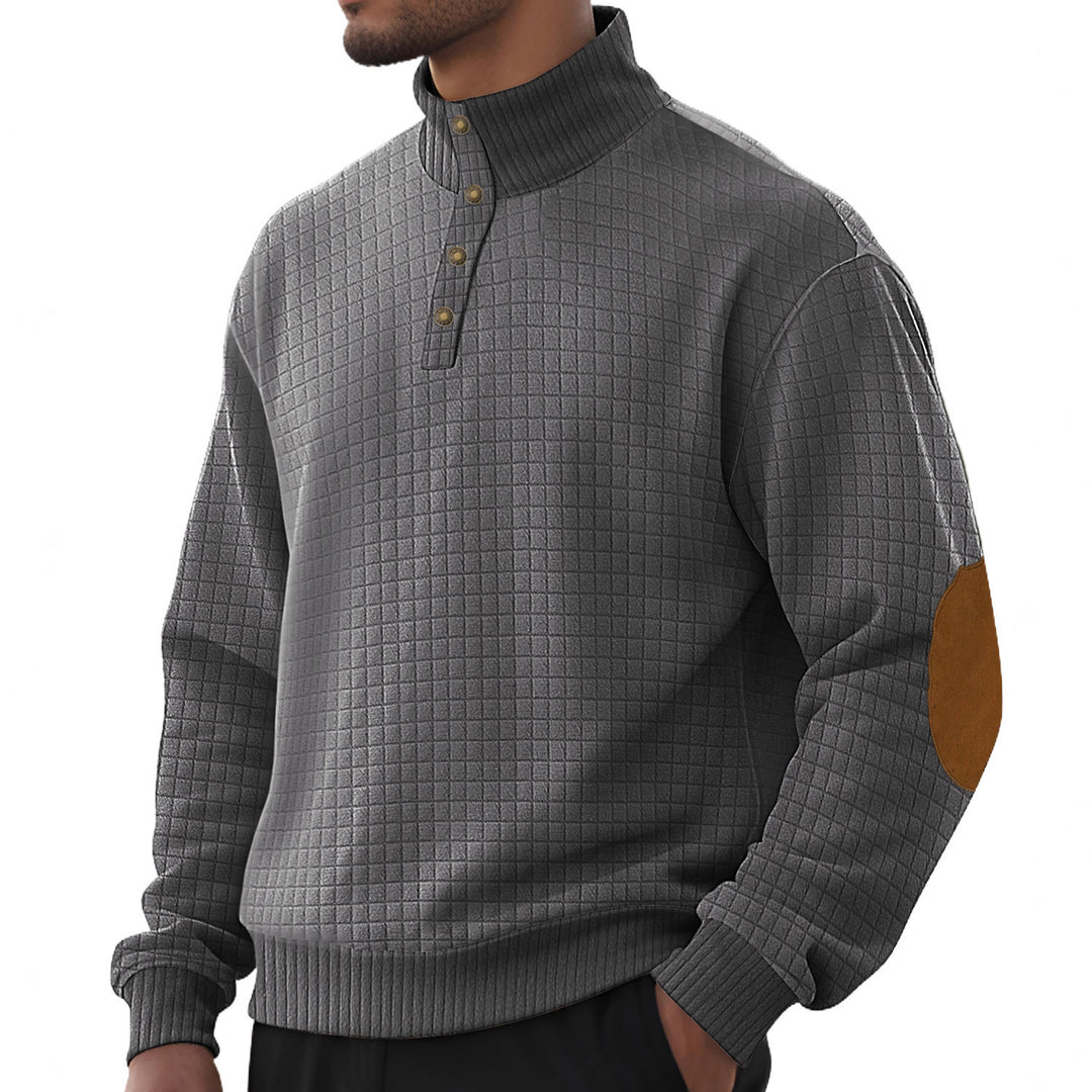 Modern high collar sweater for men with textured design and leather applications Lune London