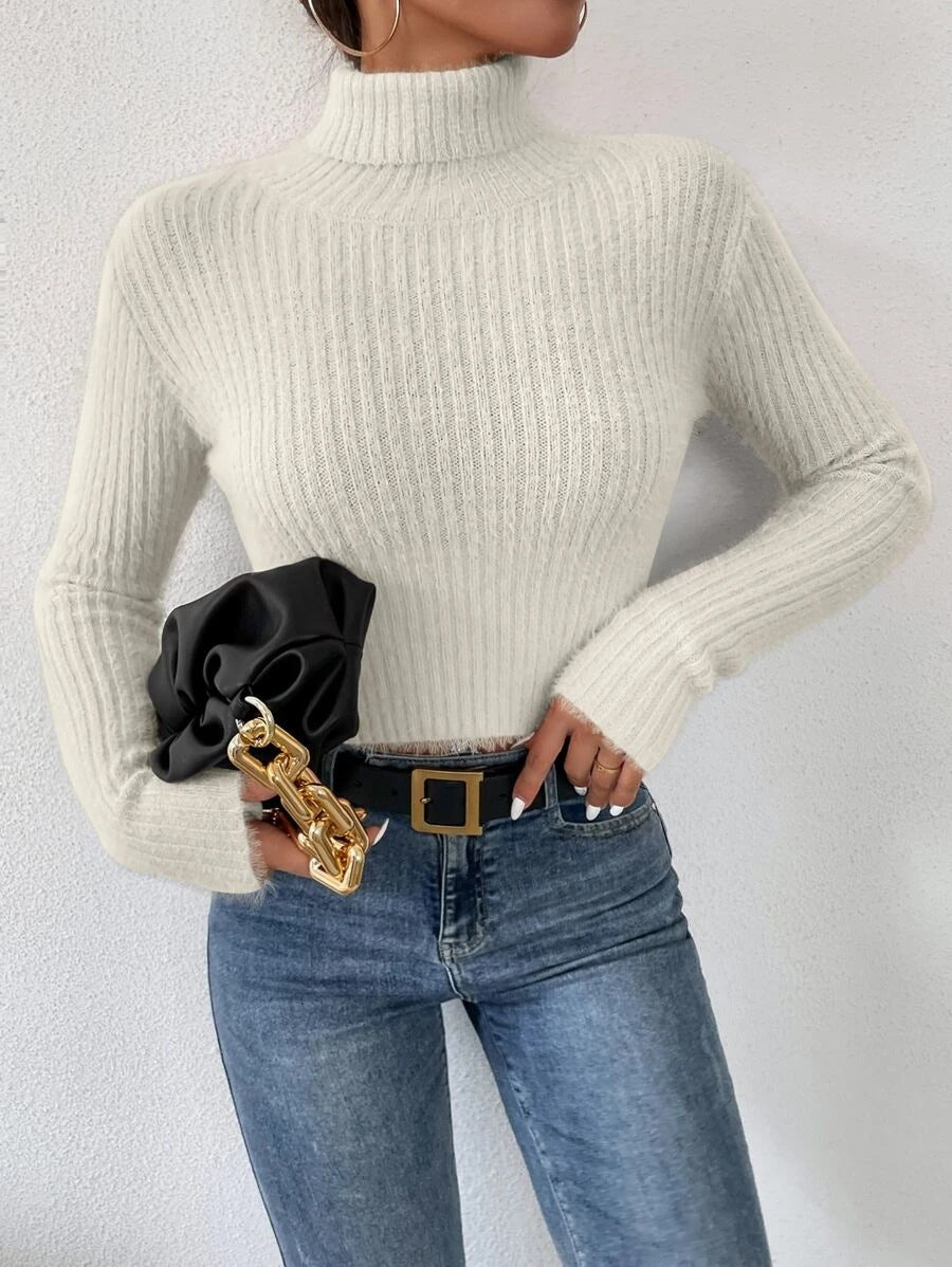 Ladies fine knit sweater with high collar and modern ribbed design Lune London