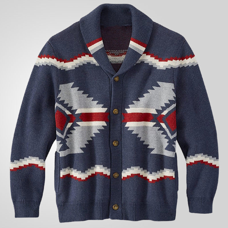 Men's knit jacket with modern ethnic design featuring practical buttons Lune London