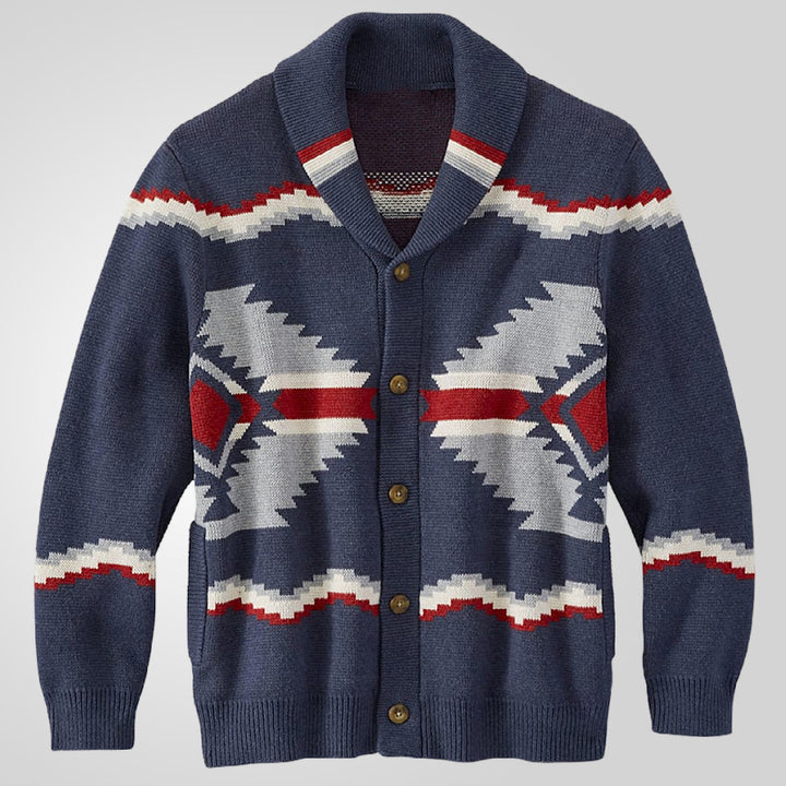 Men's knit jacket with modern ethnic design featuring practical buttons Lune London
