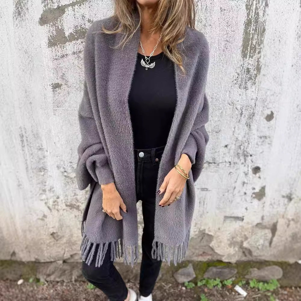 Women's Cozy Knit Poncho with Fringes Lune London