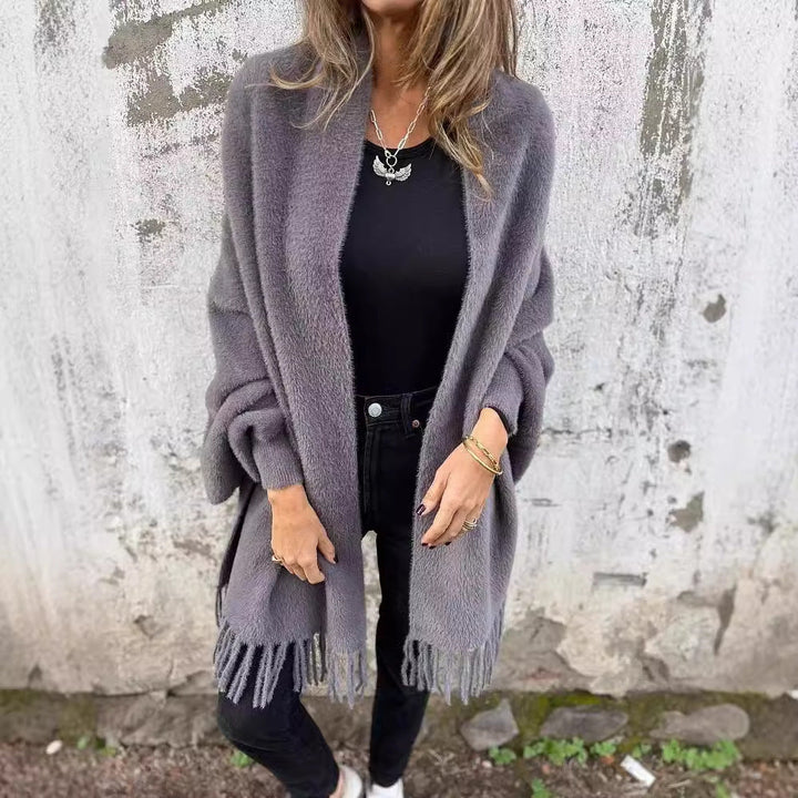Women's Cozy Knit Poncho with Fringes Lune London