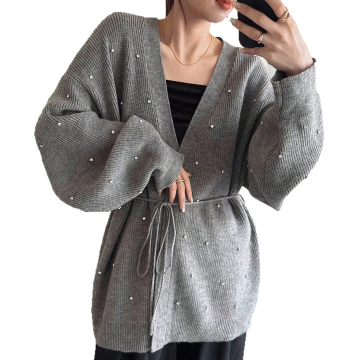 Ladies Elegant Knit Cardigan with Chic Pearls Accent and Style