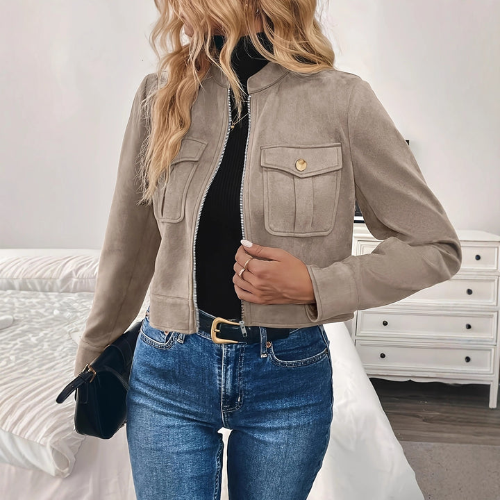 Ladies Short Fashion Jacket in Soft Suede Look with Practical Pockets Lune London