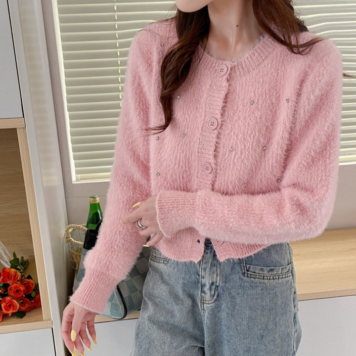 Elegant ladies knit cardigan with trendy pearl accents Lune London