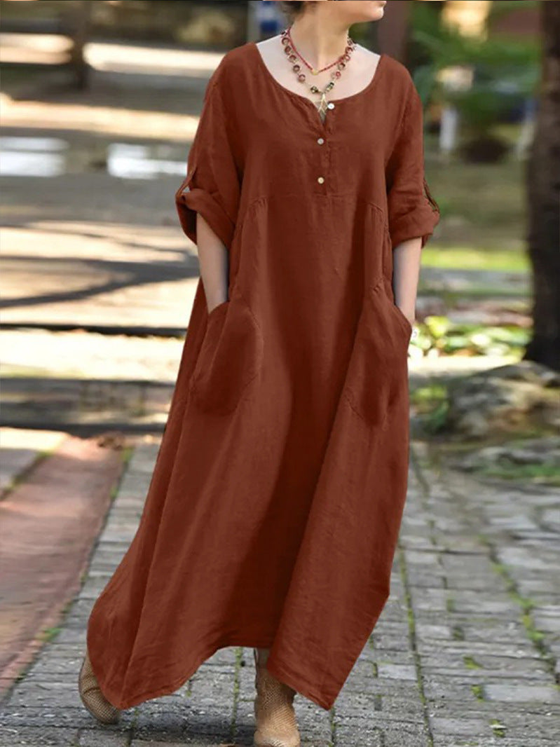 Long dress for women with button details and practical pockets Lune London