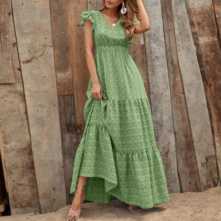 Maxi dress for women with delicate ruffled details and a deeper V-neck Lune London