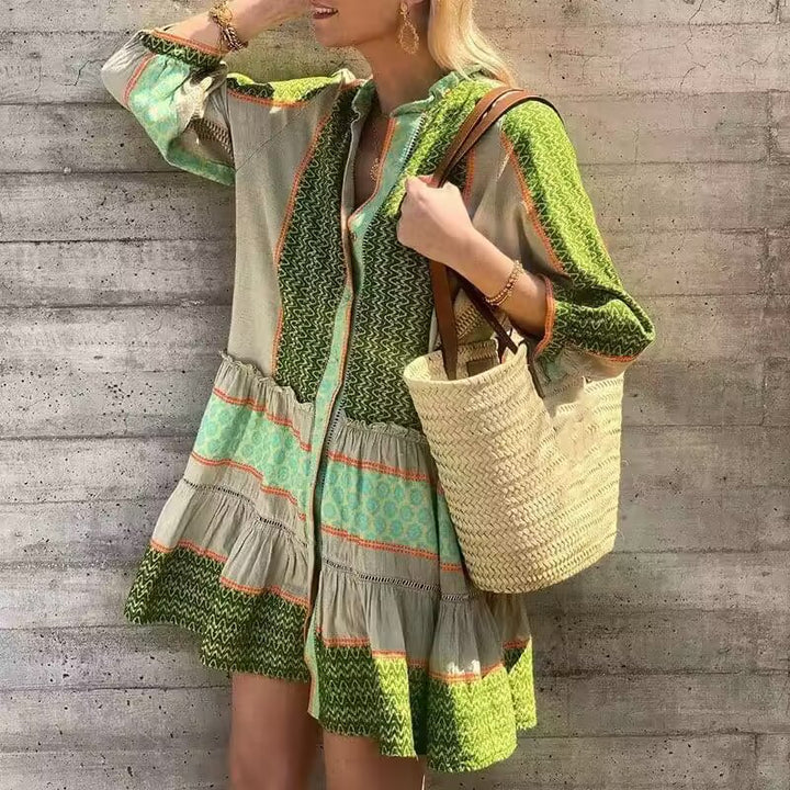 Long Sleeve Shirt Dress for Women with an Elegant Pattern and Ruffled Hem Lune London