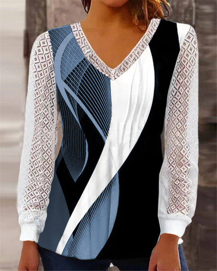 Ladies V-neck long sleeve top with an attractive geometric pattern Lune London