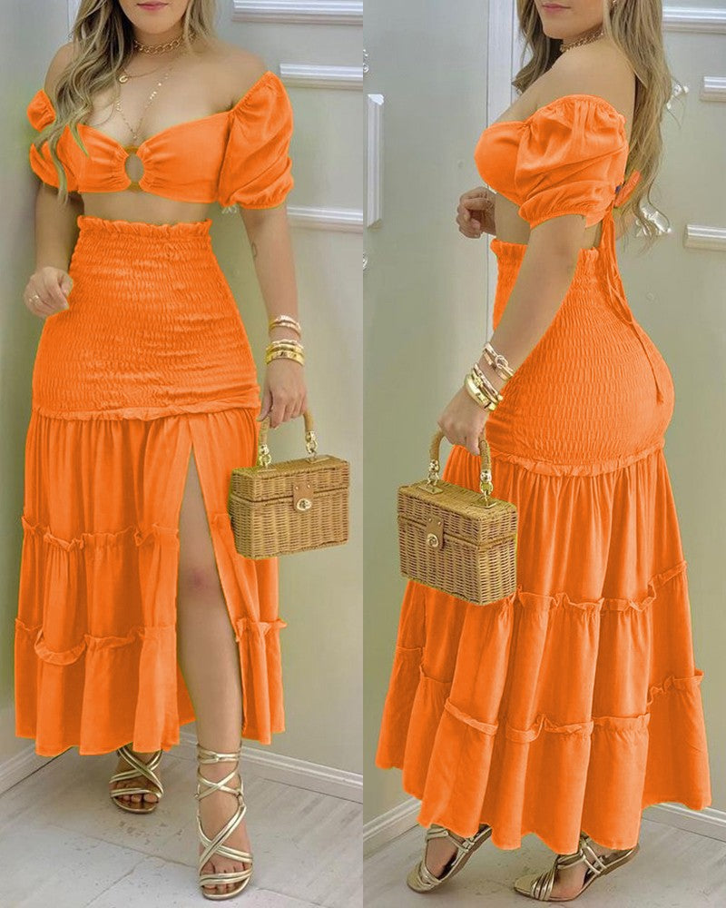 Ladies two-piece with gathered details and a high slit Lune London