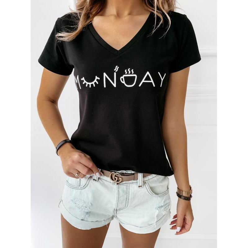 T-shirt pour femme avec lettrage créatif et col en V décontracté Chic & Stil