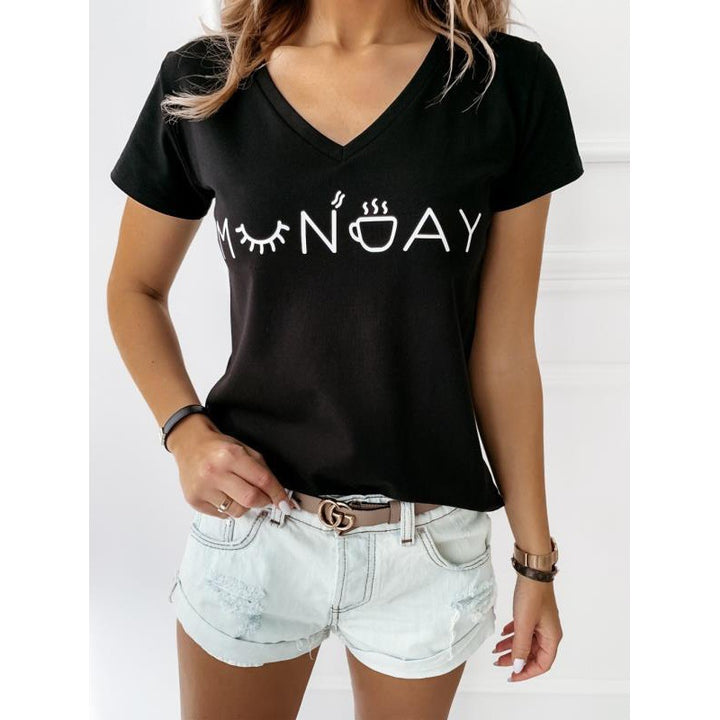 T-shirt pour femme avec lettrage créatif et col en V décontracté Chic & Stil