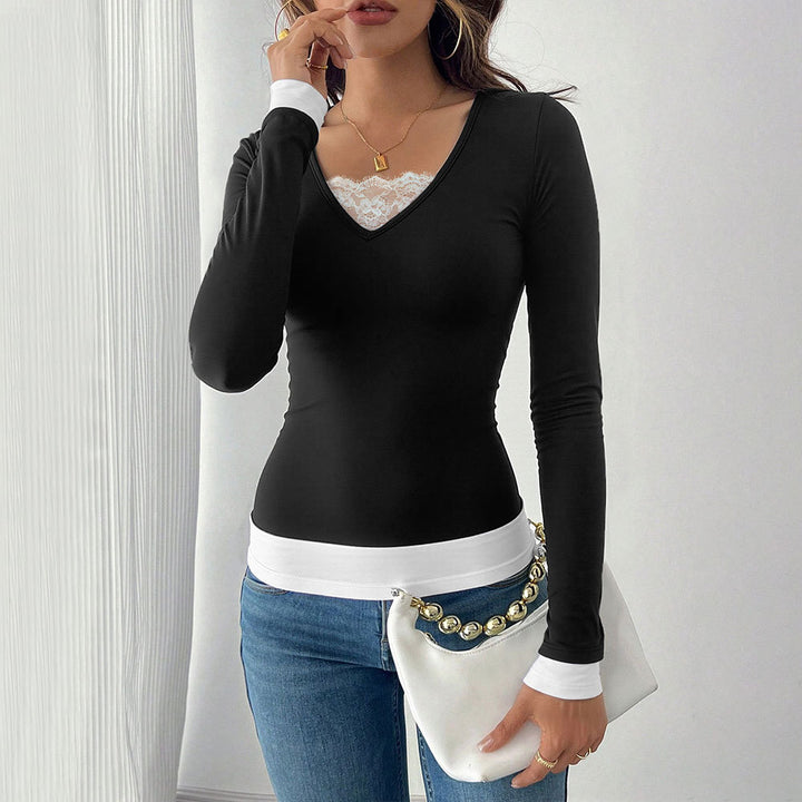 Chemise à manches longues pour femmes avec col en V et sous-vêtement tendance Chic & Stil