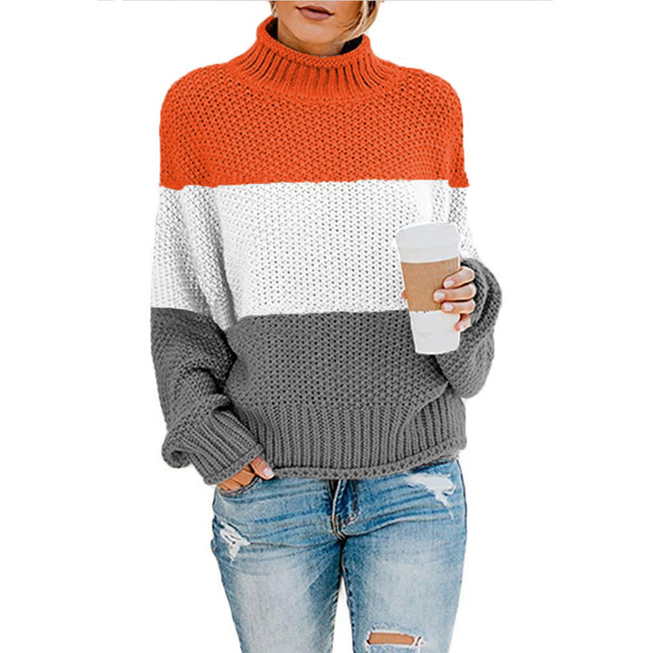 Trendy chic and style women's knitted sweater with high collar and color block design