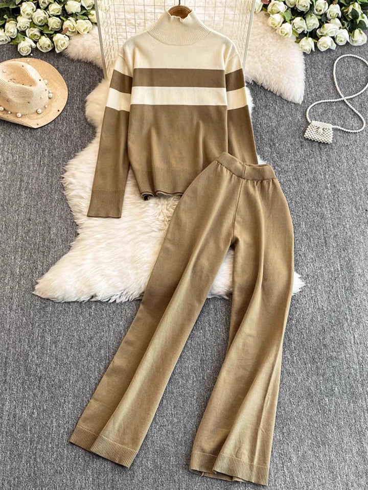 Knitted loungewear set for women with a high collar and wide stripes Lune London