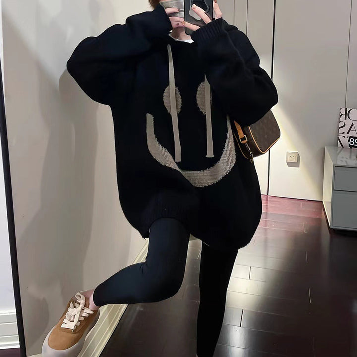 Ladies Oversized Casual Sweater with Smiley Pattern Lune London