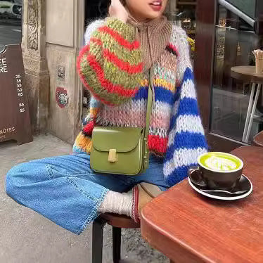 Women's Cozy Knit Sweater with Flared Sleeves and Colorful Stripe Pattern Lune London