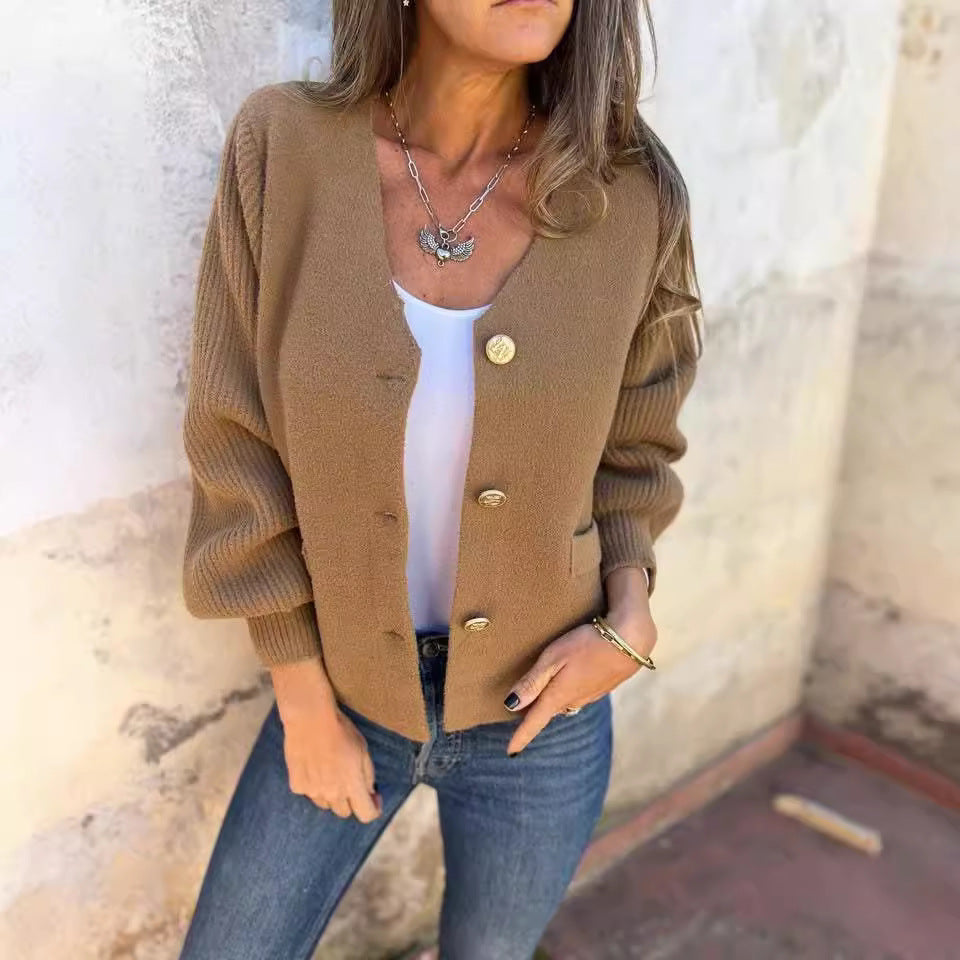 Ladies trendy knitted jacket with button details and pockets Lune London