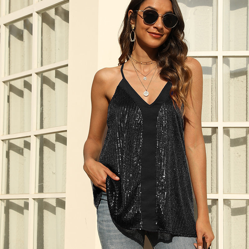 Sparkling sequined blouse for women with V neck Lune London