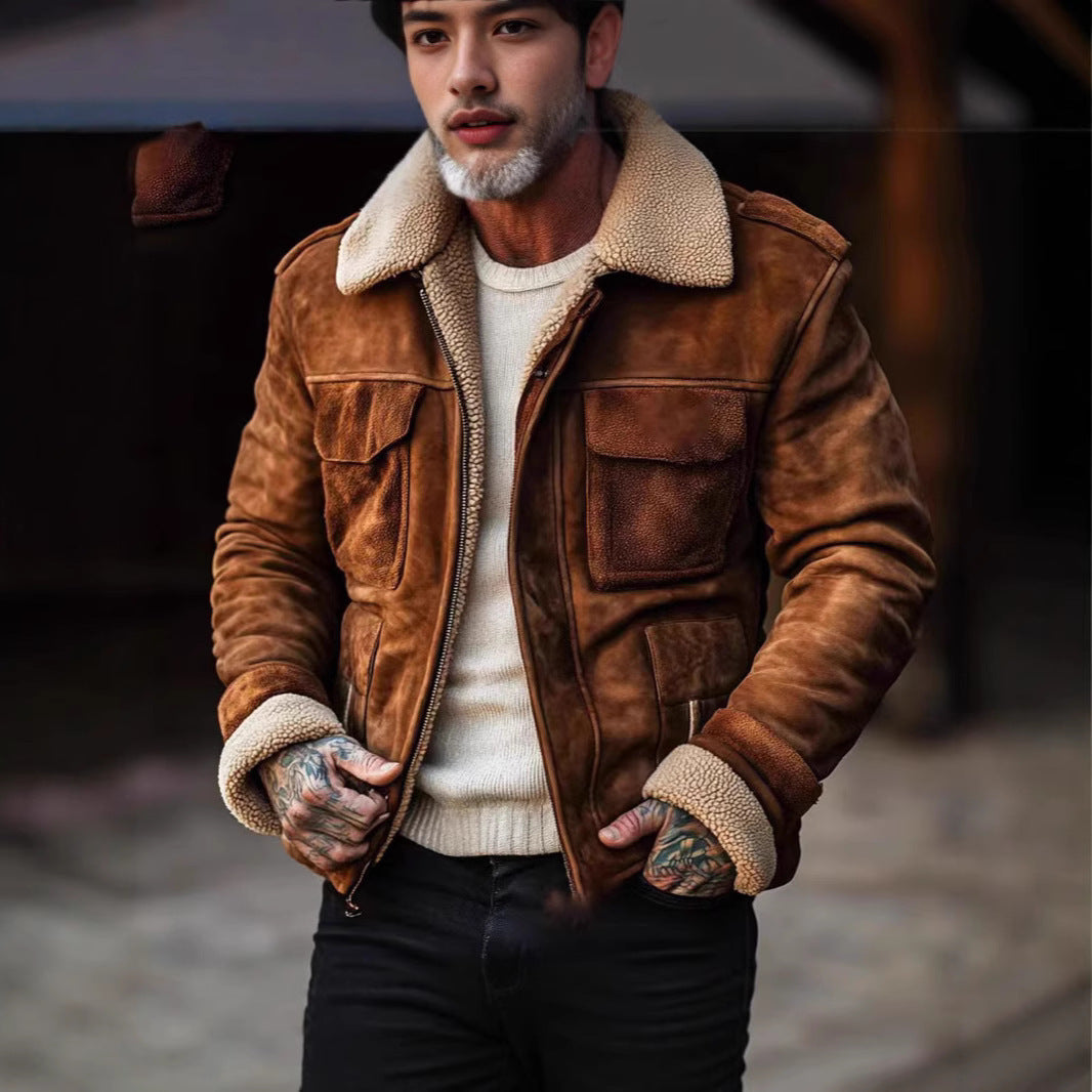 Vintage style leather jacket for men with faux fur collar and multiple pockets Lune London