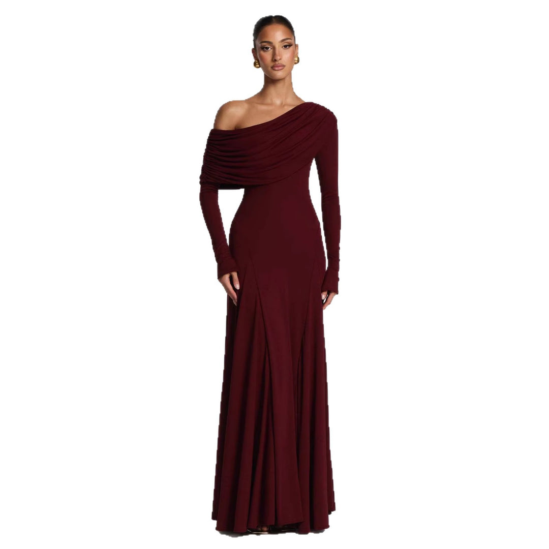 Women Elegant Long Sleeve Maxi Dress with Asymmetrical Draping Detail Lune London